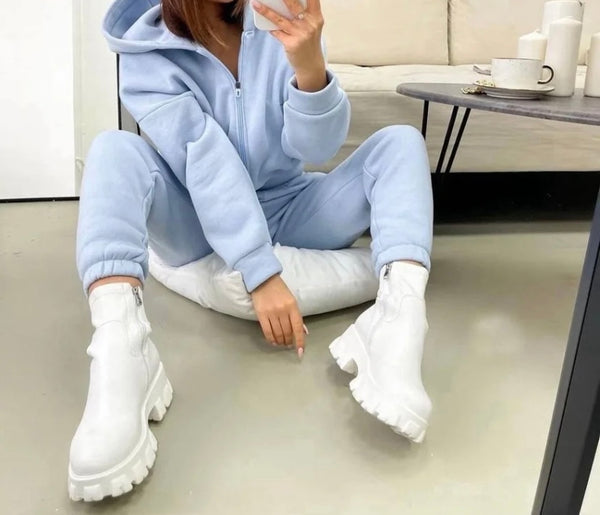 Women Fashion Color Hooded Zip Up Two Piece Tracksuit Pant Set