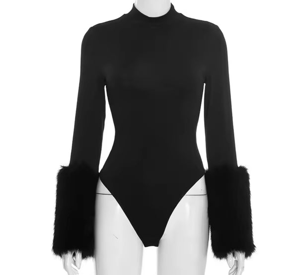 Women Fur Full Sleeve Bodysuit Fashion Two Piece Skirt Set