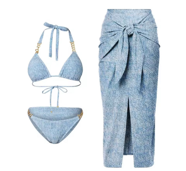 Women Sexy Blue Chain Bikini/Swimsuit Cover Up Set