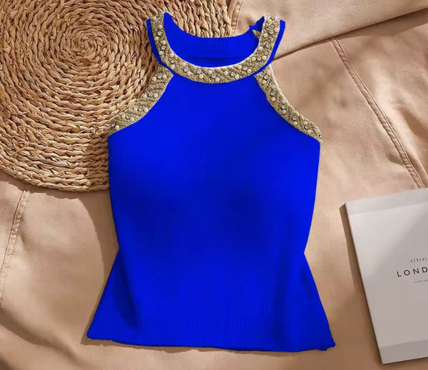 Women Beaded Bling Sleeveless Fashion Top