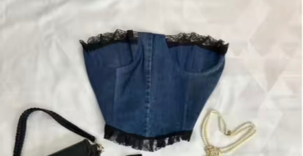 Women Sexy Strapless Denim Lace Patchwork Two Piece Skirt Set