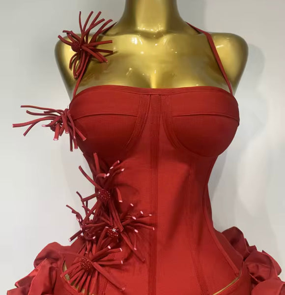 Women Sexy Halter Sleeveless 3D Floral Two Piece Skirt Set