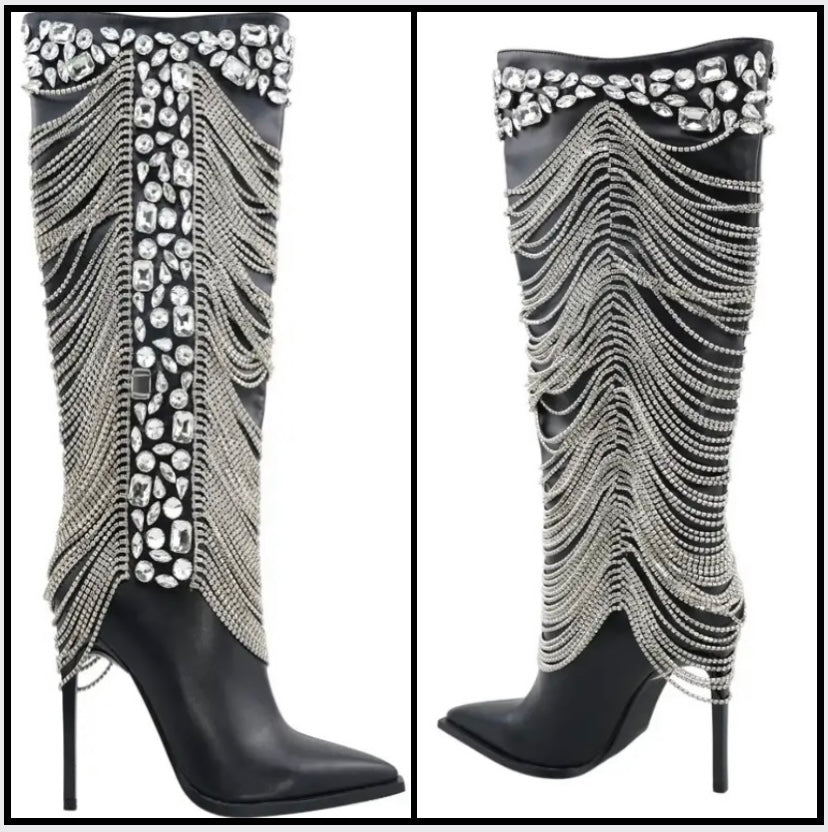 Women Black Fashion Bling Tassel Knee High Boots