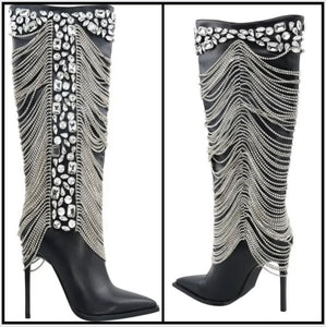Women Black Fashion Bling Tassel Knee High Boots