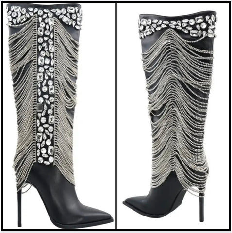 Women Black Fashion Bling Tassel Knee High Boots