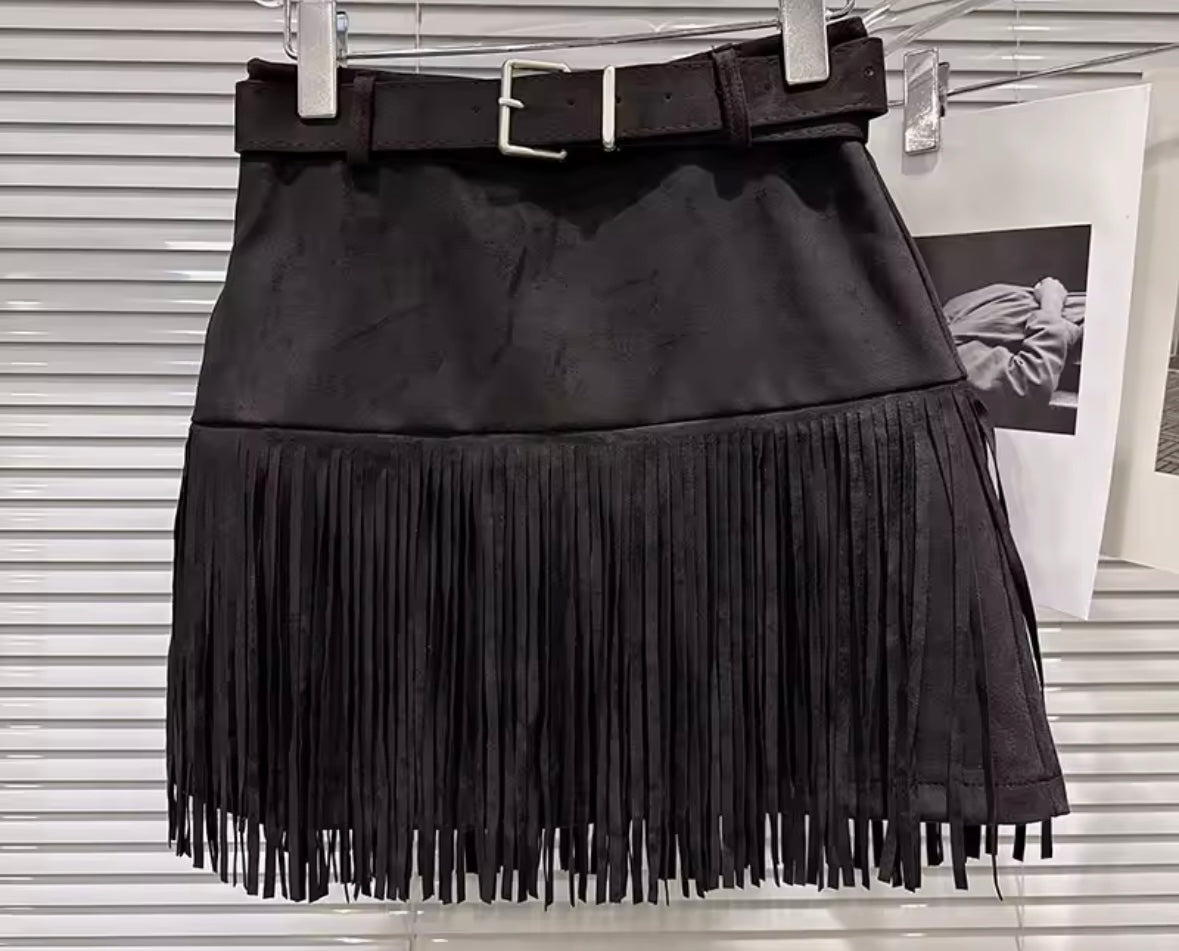 Women Color Fashion Sexy Suede Fringe Tassel Skirt