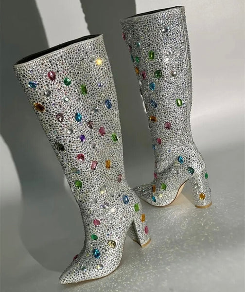 Women Fashion Silver Colorful Gem Ankle/Knee High Boots