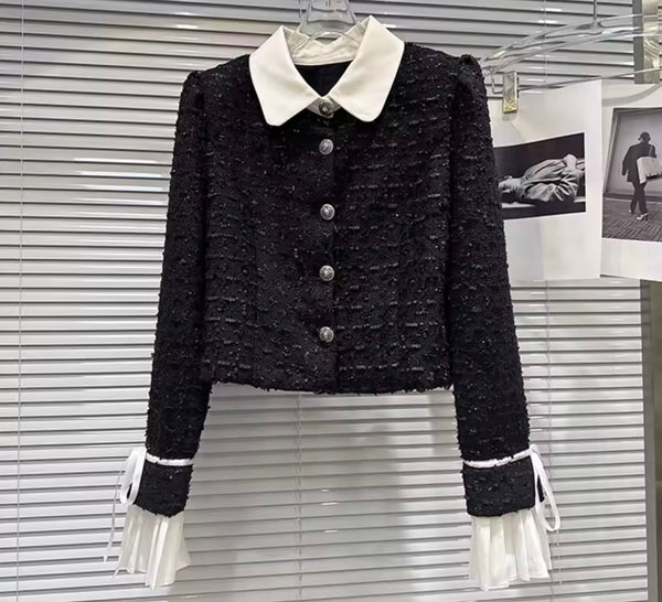 Women B&W Collar Button Up Blazer Two Piece Tweed Short Set