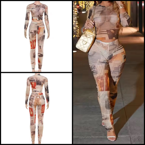 Women Fashion Printed Full Sleeve Mesh Two Piece Pant Set