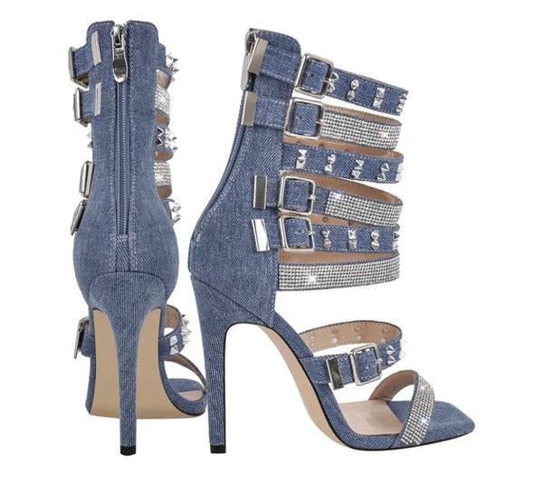 Women Fashion Denim Bling Rivet Buckled Sandals