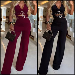 Women Sleeveless Buckled Crop Two Piece Fashion Pant Set