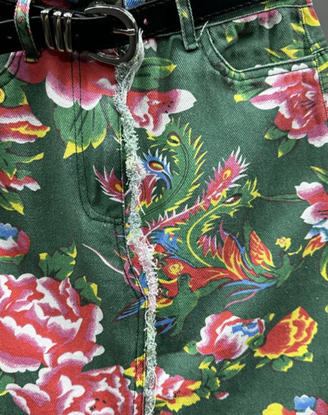 Women Sexy Fashion Green Floral Denim Long Skirt