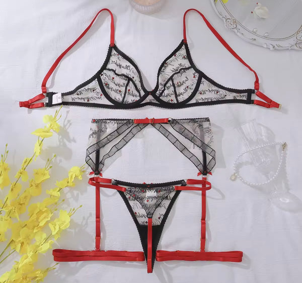 Women Sexy Letter Print Color Patchwork Mesh Lingerie