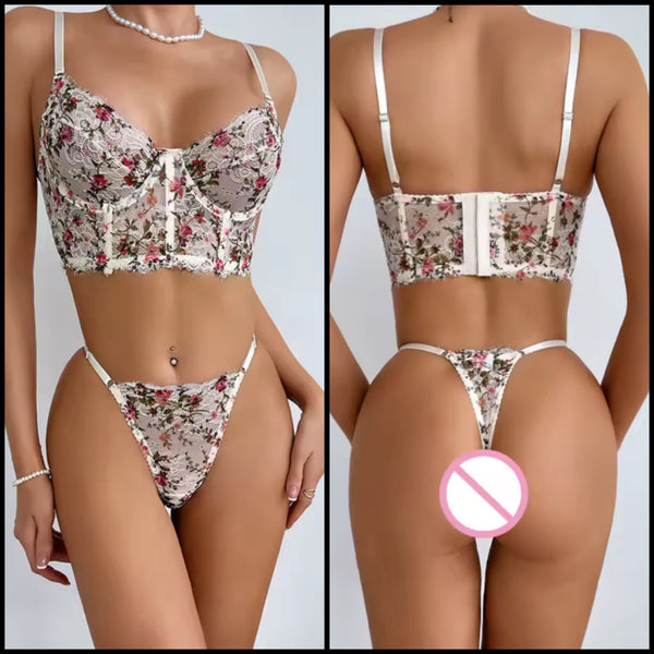 Women Sexy White Floral Lace Mesh Lingerie Set