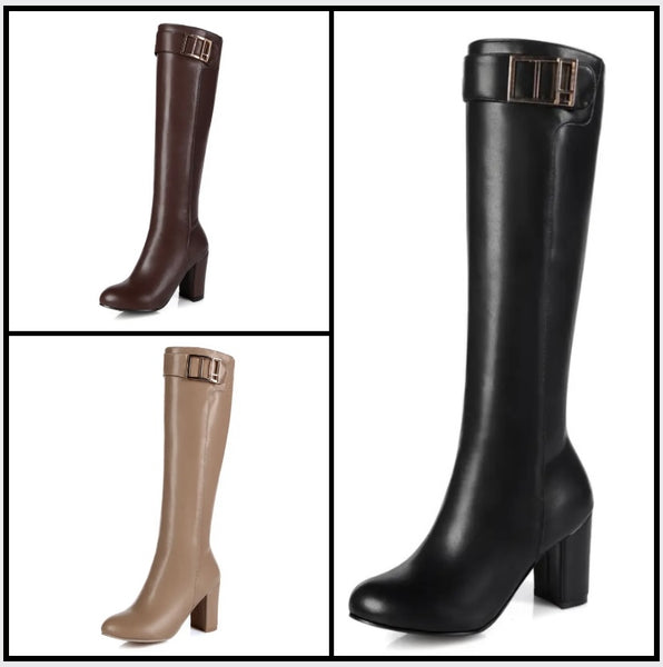 Women Fashion Faux Leather Buckled Knee High Boots