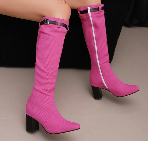 Women Fashion Color Buckled Zip Up Knee High Boots