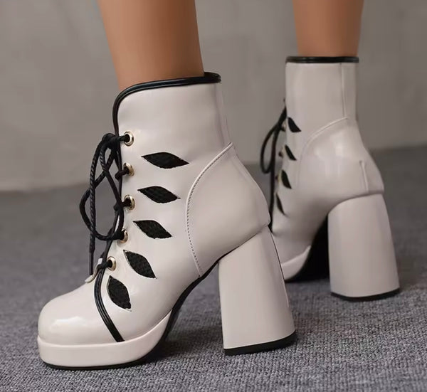 Women Fashion Color Lace Up Patent Leather Ankle Boots