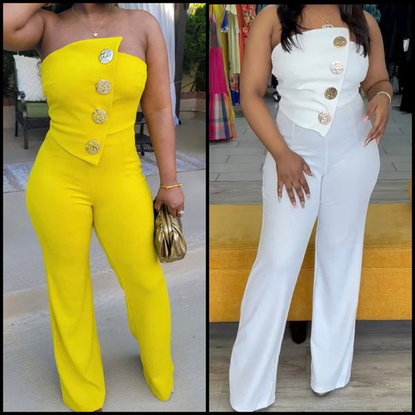 Women Sexy Button Strapless Solid Color Jumpsuit