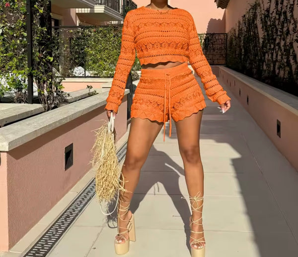 Women Color Fashion Full Sleeve Knitted Two Piece Short Set