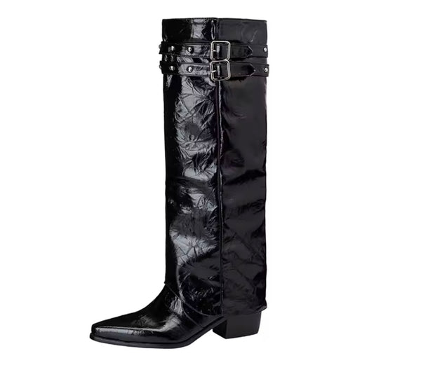 Women Fashion Patent Leather Buckled Detachable Knee High Boots