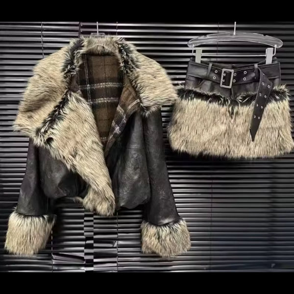Women Faux Leather Reversible Plaid Fur Two Piece Skirt Set
