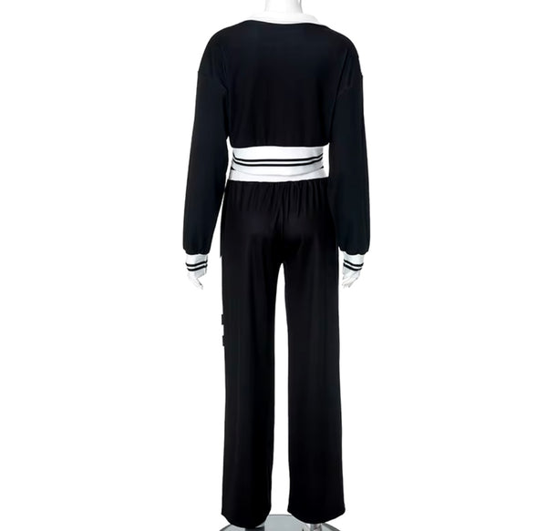 Women Fashion B&W Zip Up Full Sleeve Tracksuit Two Piece Pant Set