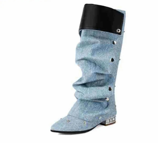 Women Fashion Flat Button Knee High Boots