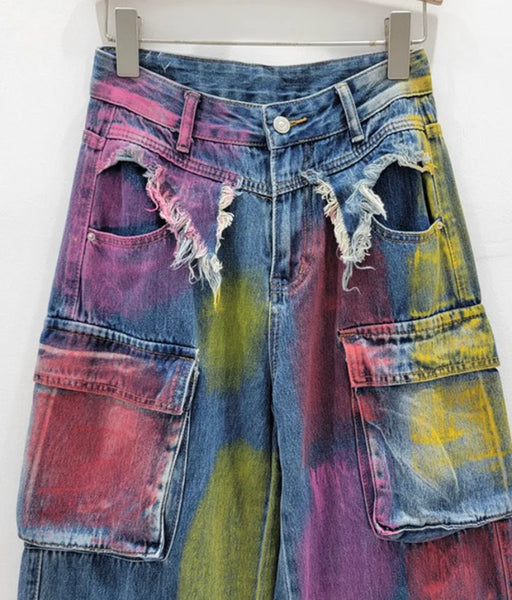 Women Fashion Color Patchwork Cargo Denim Wide Leg Pants