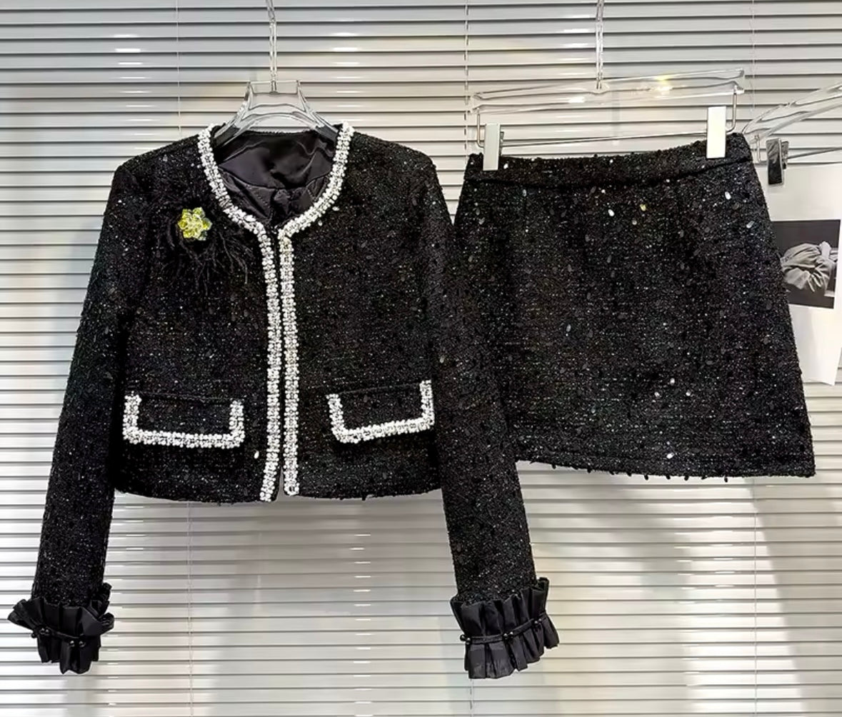 Women Black Sexy Sequins Bling Blazer Two Piece Skirt Set