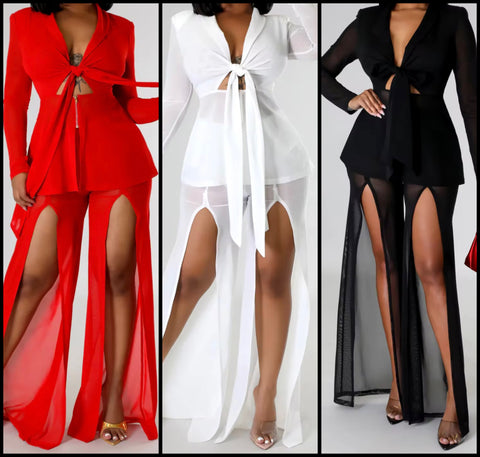 Women Sexy Full Sleeve Mesh Two Piece Split Pant Set