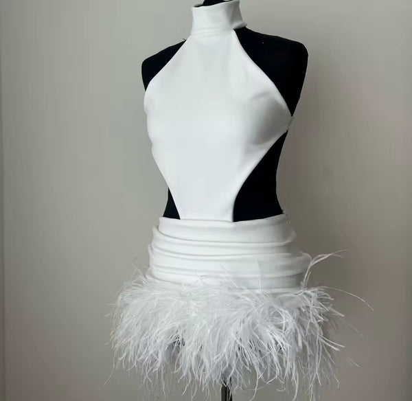 Women Sexy Halter Sleeveless Cut Out Feather Dress
