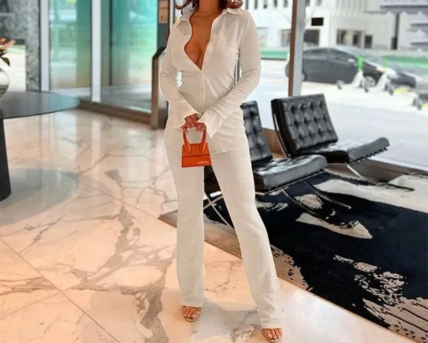 Women Full Sleeve Button Up Fashion Two Piece Pant Set
