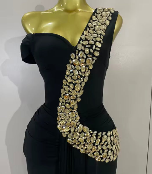 Women Elegant Rhinestone One Shoulder Sleeveless Maxi Dress