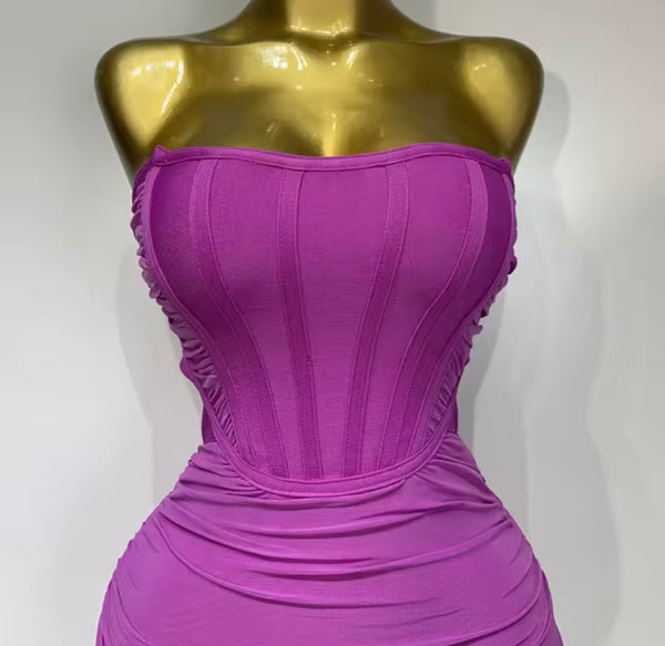 Women Sexy Strapless Open Back Ruched Ruffled Dress