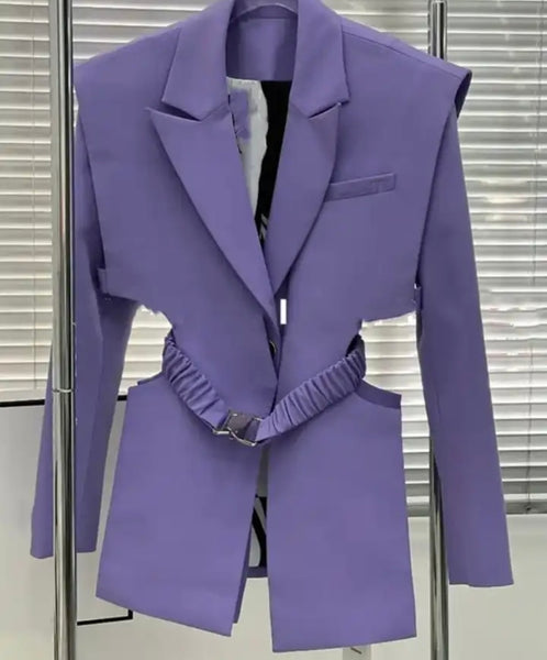 Women Purple Belted Fashion Blazer Top