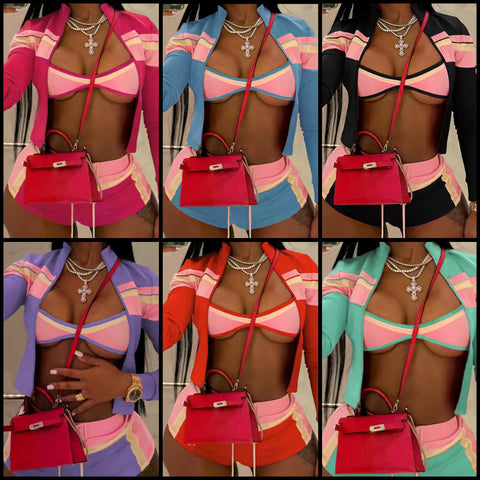 Women Fashion Color Patchwork Three Piece Jacket Short Set