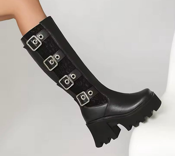Women Fashion Lace Buckled Platform Knee High Boots
