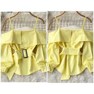 Women Yellow Off The Shoulder Full Sleeve Belted Top