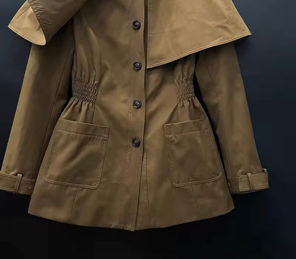 Women Brown Fashion Button Up Cape Trench Jacket Set