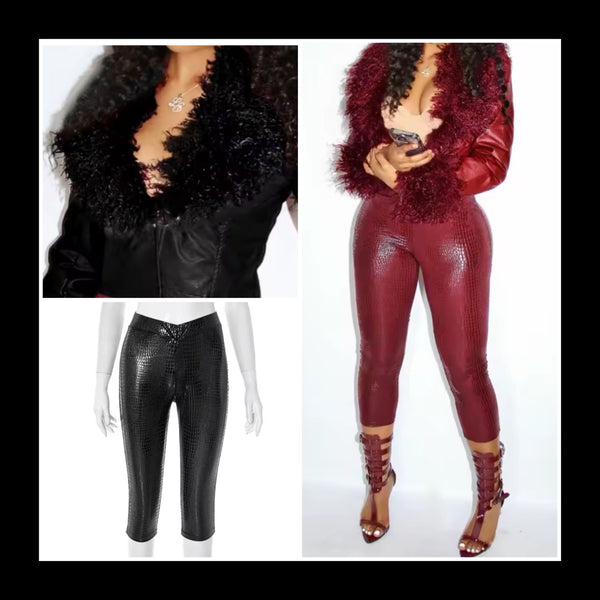 Women Fur Patchwork Fashion Faux Leather Two Piece Capri Pant Set