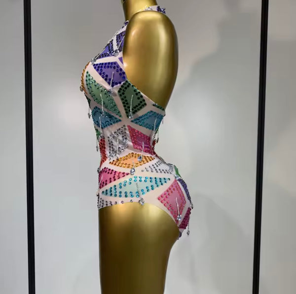 Women Halter Sleeveless Colorful Crystal Mesh Bodysuit Top
