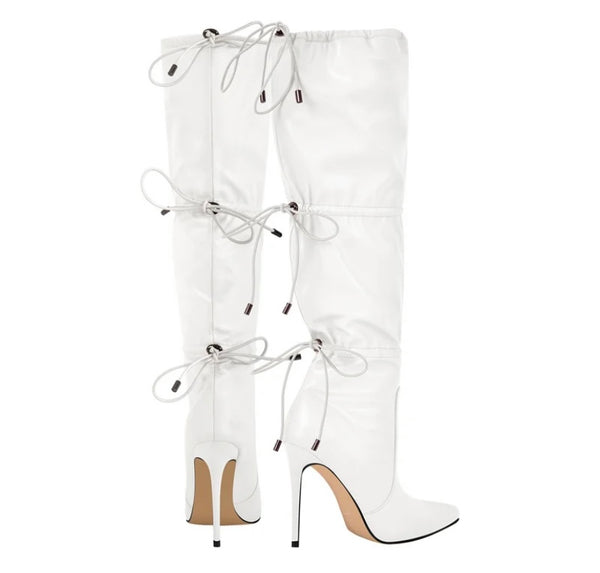 Women Fashion Faux Leather High Heel Tie Up Knee High Boots