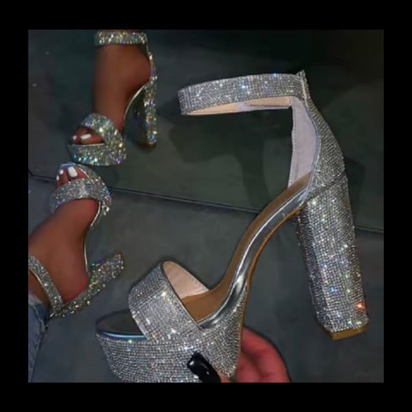 Women Fashion Silver Sparkly Platform High Heel Sandals