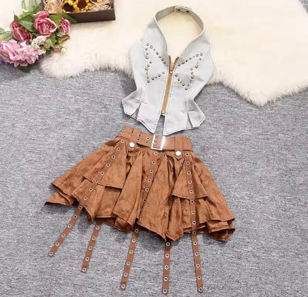 Women Rivet Zip Up Denim Halter Sleeveless Two Piece Pleated Skirt Set