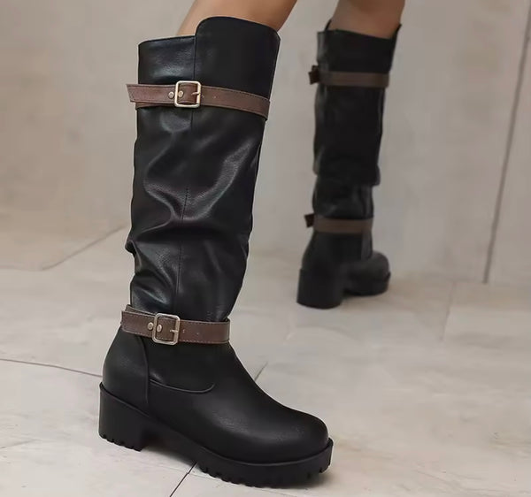 Women Round Toe Double Buckle Fashion Knee High Flat Boots