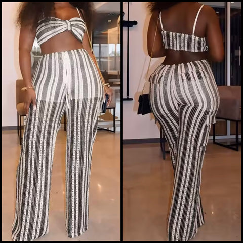Women Sexy Sleeveless Knitted Striped Two Piece Pant Set