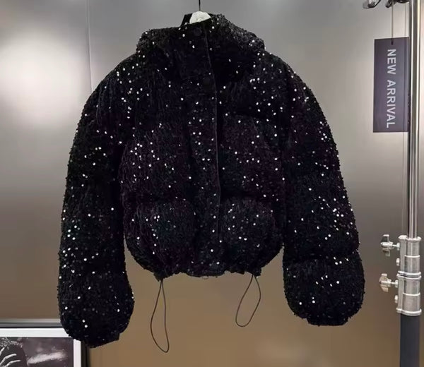 Women Fashion Sequins Hooded Puff Jacket