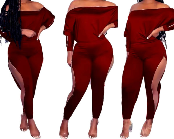 Women Fashion Off The Shoulder Full Sleeve Zipper Two Piece Pant Set