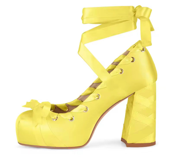 Women Fashion Square Toe Satin Bow Ribbon Lace Up High Heels