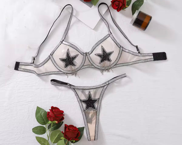 Women Sexy Bling Mesh Star Tassel Lingerie Set